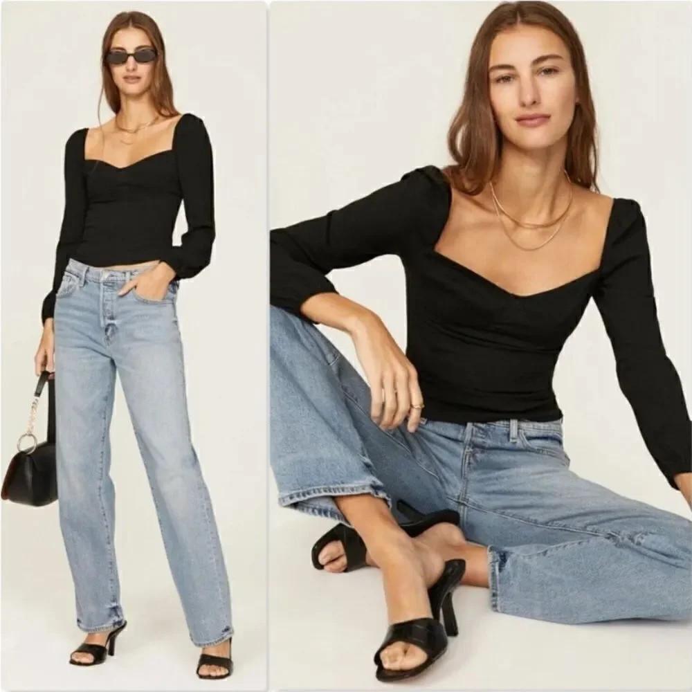 Reformation Reign Black Crop Top Blouse Size 2